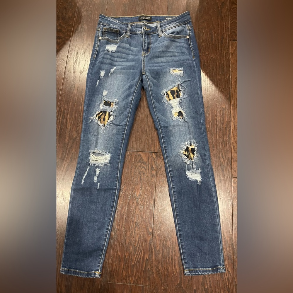 Judy Blue Skinny Fit Leopard Lined Jeans Womens 7/28 Distressed Stretch Denim